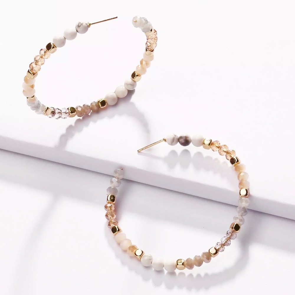 Anthropologie Sparkly Gold Beaded White Howlite Large Gemstone Hoop Earrings